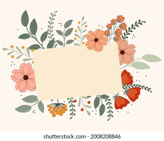 Greeting card template with flowers and copy space.  Vector illustration. Vintage style