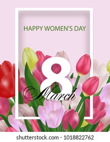 Greeting card template with flowers March 8 International Women's Day. Background with tulips. Vector Illustration.