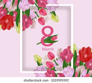 Greeting card template with flowers March 8 International Women's Day. Background with tulips. Vector Illustration.