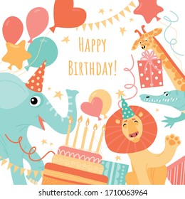 Greeting card template with funny animals. Lion, giraffe and elephant on a funny birthday banner. Vector cartoon illustration in flat style.