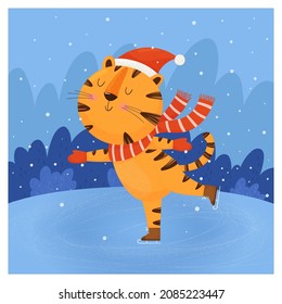 Greeting card template with funny ice skating tiger. Vector illustration in children's cartoon style.