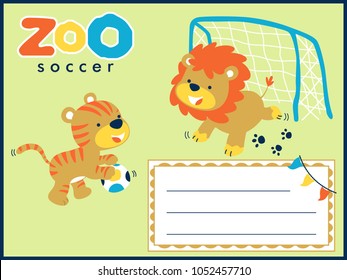 Greeting card template with funny lion and tiger playing soccer. Vector cartoon illustration