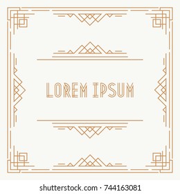 Greeting card template geometric art deco style square shape with gold frame on white background for party, menu, wedding invitation card, cafe, sale. Arabic frame. Vector Illustration
