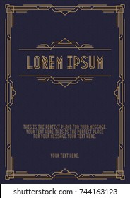 Greeting card template geometric art deco style with gold frame on cyan background for wedding invitation card, party, menu restaurant, sale, cafe. Arabic frame. Vector Illustration