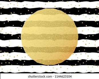 Greeting card template. Gold glitter foil dots confetti on striped white and black background. EPS 10