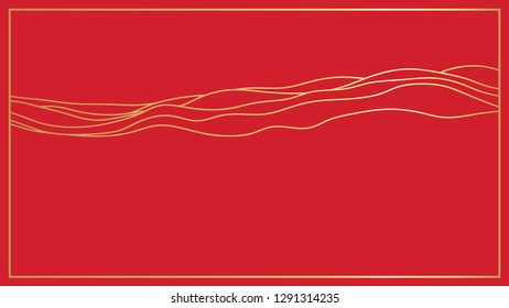 greeting card template, gold wavy line rectangle gold frame on red background.  