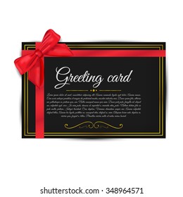 Greeting Card Template With Golden Bow And A Ribbon. Invitation. Vector illustration
