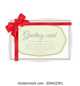 Greeting Card Template With Golden Bow And A Ribbon. Invitation. Vector illustration