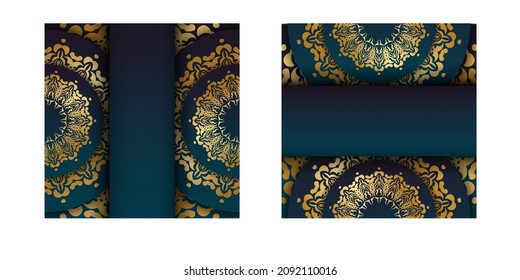 Greeting card template with gradient blue color with abstract gold pattern for your brand.