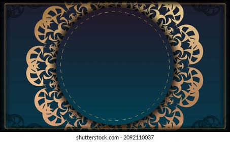Plantilla de tarjeta de felicitación con color azul gradiente con ornamento dorado vintage preparado para imprimir.