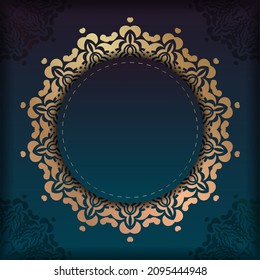 Greeting card template with gradient blue color with abstract gold ornament prepared for typography.