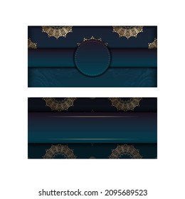 Greeting card template with gradient blue color with abstract gold pattern prepared for typography.