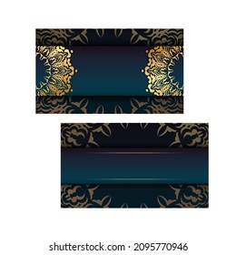 Greeting card template with gradient blue color with Indian gold pattern prepared for printing.