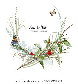 Grußkartenvorlage mit Gras, dekorativen grünen Ästen, Beeren und Schmetterlingen. Vektorillustration.
