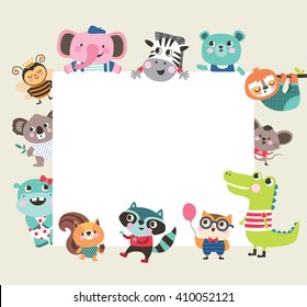 Greeting card template with group of cute animals and text space