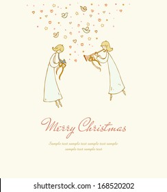 Greeting card template with han drawn angels and doves. Illustration and place for your text