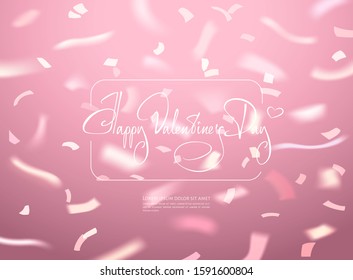 Greeting card template with hand drawn lettering happy Saint Valentine's Day and white thin border over light pink background in vector. Date invitation card design for 14 February.