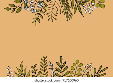  greeting card template with hand drawn floral outlined greenery twigs and branches