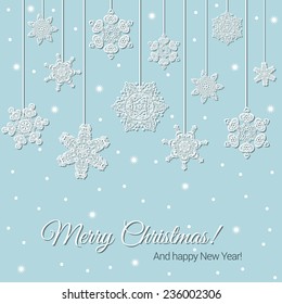 Greeting card template with hanging decorative snowflakes and happy new year and merry christmas wishes