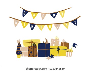 Greeting card template with Happy Birthday wish written on flag garland and stack of present boxes wrapped in colorful paper and decorated with ribbons and bows. Flat cartoon vector illustration.