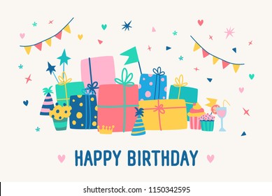Greeting card template with Happy Birthday inscription and pile of gift boxes wrapped in colorful paper and decorated with ribbons and bows. Celebratory vector illustration in flat cartoon style.