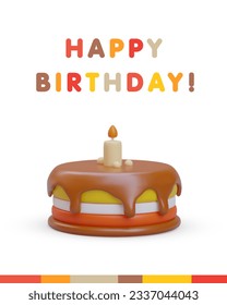 Greeting card template, happy birthday. Festive cake with candle in cartoon style, congratulatory inscription. Color vector concept for adults and children