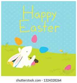 Greeting card template. Happy cute bunny in a hole with eggs. Hand drawn vector illustration. 