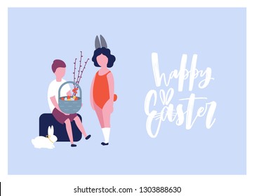 Greeting card template with Happy Easter holiday wish handwritten with elegant calligraphic script, woman dressed in bunny costume and man holding basket with eggs. Flat spring vector illustration.