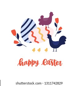 Greeting card template with Happy Easter holiday wish handwritten with cursive font, family of adorable hens and chicks, large decorated eggs and spring flowers. Flat cartoon vector illustration.