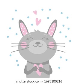 Greeting card template with happy Easter rabbit  on white background. Holiday vector illustration. Flat design style.