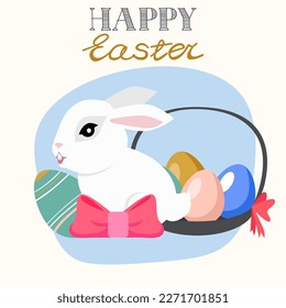 Greeting card template with Happy Easter holiday wish handwritten with calligraphic script, funny cute white rabbit and large decorated eggs in basket. International spring holiday vector illustration