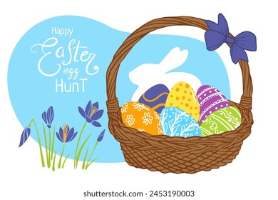 greeting card template. Happy Easter egg hunt, colored egg basket with crocus flower  illustration for  greeting card, poster, invitation, banner, menu design. . Hand drawn spring doodle illustration