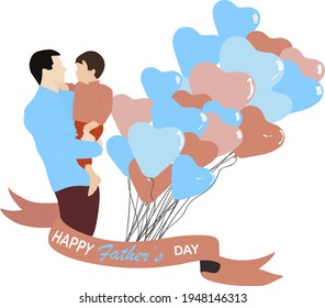 Greeting card template. Happy Father's Day vector illustration in a flat style. Dad with son and balloons.