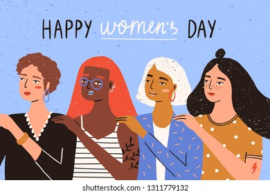 Grußkartenvorlage mit Happy Women's Day Wunsch und Gruppe von jungen Frauen, Mädchen oder Feministinnen zusammen stehen. Einheit, Schwesternschaft und Feminismus. Flache Vektorgrafik für die Feier am 8. März.