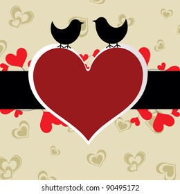 Greeting Card with template heart frame with cute birds on floral heart shape background for Valentines Day.