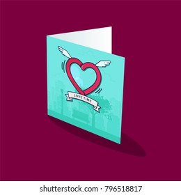 Greeting card template. Heart with wings in the sky with clouds.