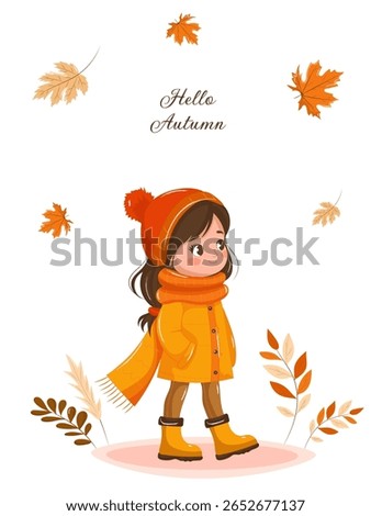 Greeting card template Hello Autumn with a cute girl in an orange jacket, boots, hat, and long scarf surrounded by falling maple and oak leaves. Vector illustration on white background, kids theme.
