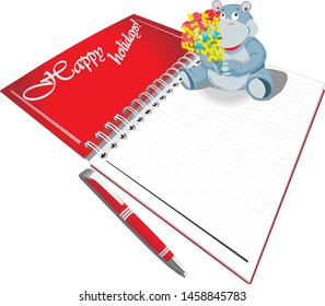 Greeting card template. Hippo with flowers sitting on a blank sheet of paper. Vector illustration
