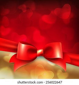 Greeting card template, holiday background with red bow and heart