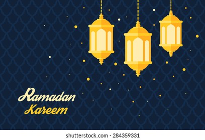 Greeting card template for holy month of muslim community Ramadan Kareem on beautiful arabic background. Trendy flat vector illustration.