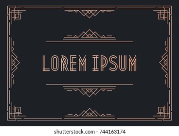 Greeting card template horizontal orientation art deco style with gold frame on black background for wedding invitation card, menu restaurant, party, sale, cafe. Arabic frame. Vector Illustration