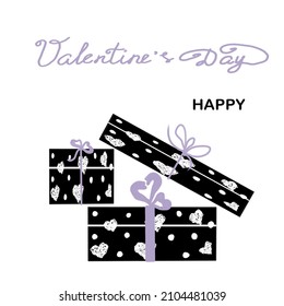 Greeting card template with the image of several black gift boxes for Valentine's Day on a white background. Vector illustration