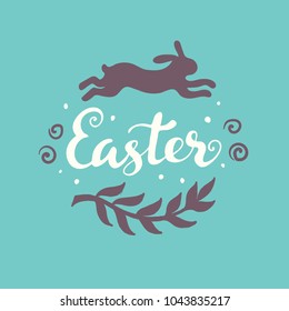 Greeting card template with jumping rabbit and leaf. Easter lettering