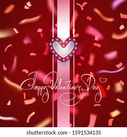 Greeting card template with logo Heart for happy Saint Valentine's Day and hand drawn lettering over red background in vector. Date invitation card for 14 February.