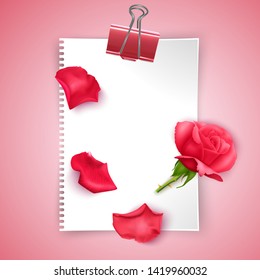 Greeting card template, March 8, Happy Women's Day or Valentine's day, design with red rose and a piece of paper with place for text, Realistic vector