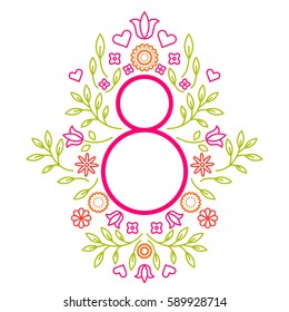 Greeting card template for March 8 womens day. Vector floral line style design.