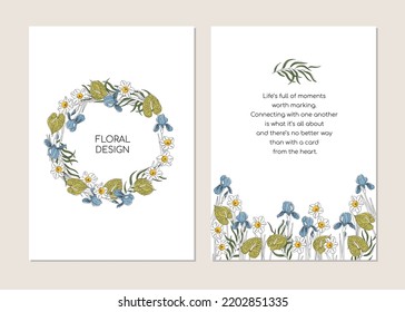 Greeting card template in minimalistic line art style. Flowers Narcissus, Iris, Anthurium, eucalyptus. Editable line. Vector illustration. Vector illustration