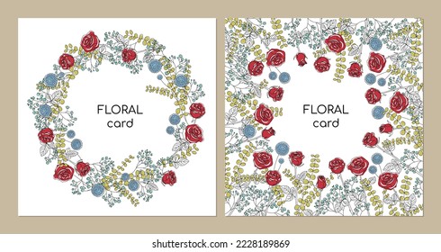 Greeting card template in minimalistic line art style. Flowers Rose, eucalyptus, echinops, gypsophila. Editable line. Vector illustration