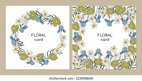 Greeting card template in minimalistic line art style. Flowers Narcissus, Iris, Anthurium, eucalyptus. Editable line. Vector illustration. Vector illustration