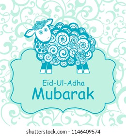 Greeting card template for Muslim Community Festival of sacrifice Eid-Ul-Adha with sheep. Vector Illustration 